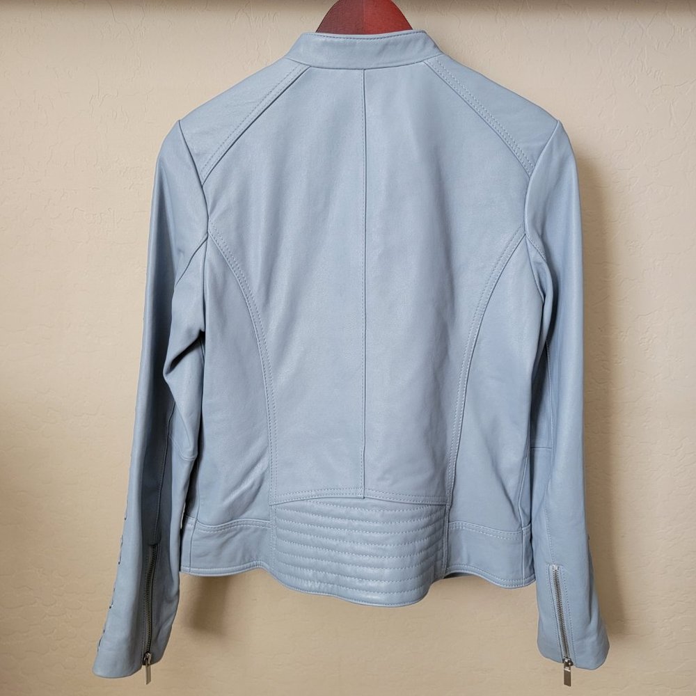 Neiman Marcus Light Blue Leather Lace-Up Moto Leather Jacket - Picture 8 of 16